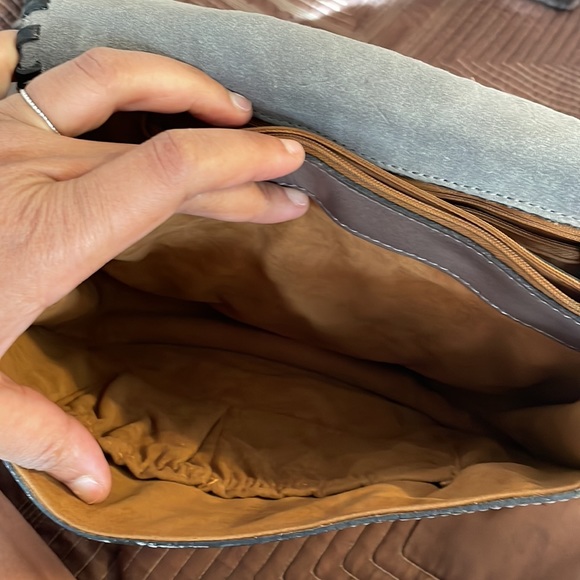 Patricia Nash Saddle Bag Taupe/Putty Tooled Leather w braided black leather trim - Picture 6 of 9